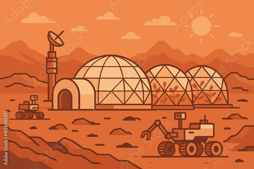 Mars colony with greenhouses and robots explores red planet landscape during daylight
