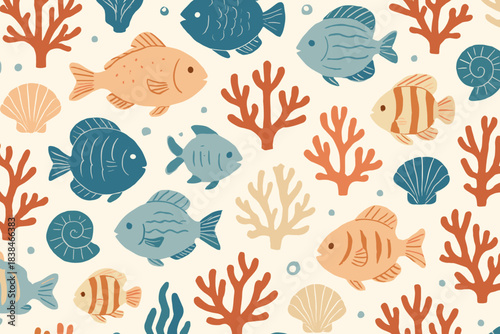 Colorful fish swim among coral and shells in a playful underwater design