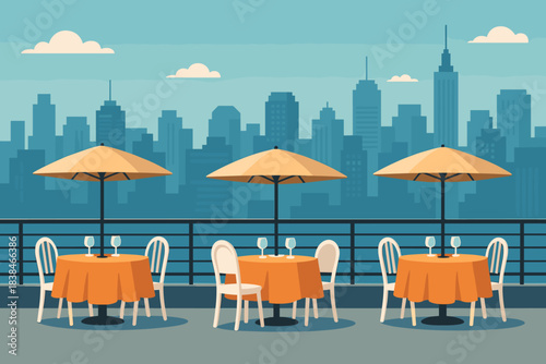 Outdoor dining area with tables and umbrellas overlooking a city skyline during the day