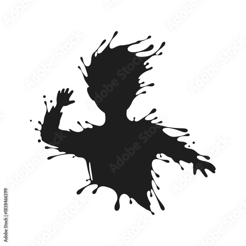 Ink blot silhouette of a child throwing something with expressive splatters and drips