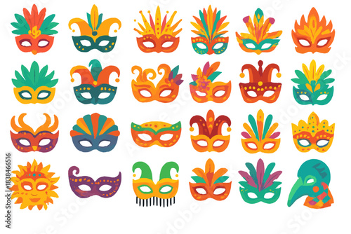 Colorful collection of masks displayed for a festive celebration in an outdoor setting during a summer event