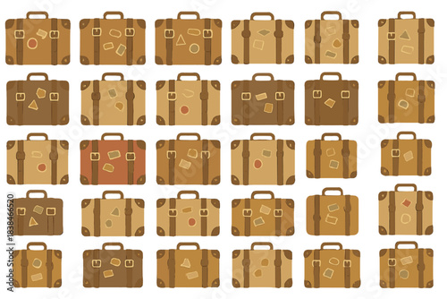 Collection of different vintage suitcases in a simple pattern on a white background showing various designs and colors