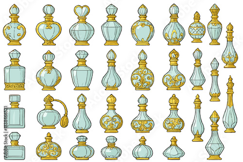 Collection of decorative glass bottles in various shapes and designs displayed on a plain background