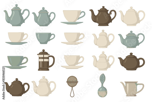 Various teapots and cups arranged in different styles and colors for a tea setting