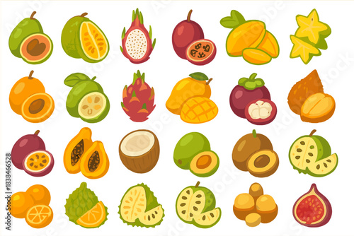 Different types of tropical fruits arranged on a white background in a colorful display showing various shapes and sizes