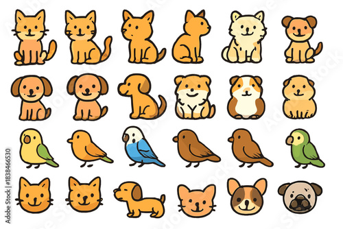 Cute cartoon animals including cats, dogs, birds in different poses on a simple background