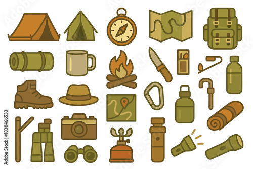 Camping gear and equipment arranged in a flat layout for outdoor activities and adventure trips