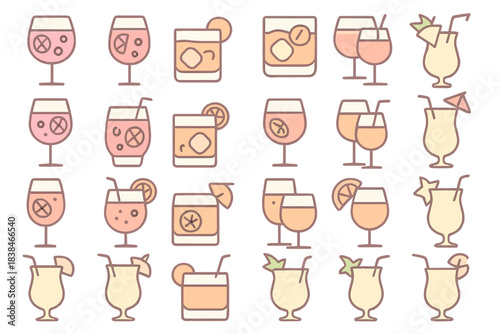 Collection of various drink illustrations showing different styles and types in colorful designs suitable for menus or decorations