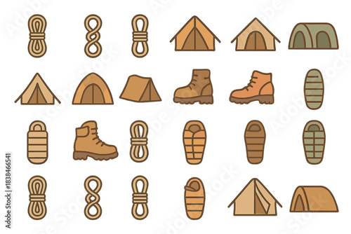 Camping gear and equipment shown with tents, ropes, boots, and sleeping bags in a simple arrangement