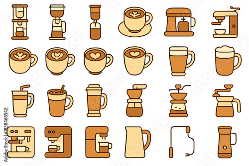 Various types of drinks and coffee equipment displayed in simple illustrations with warm tones