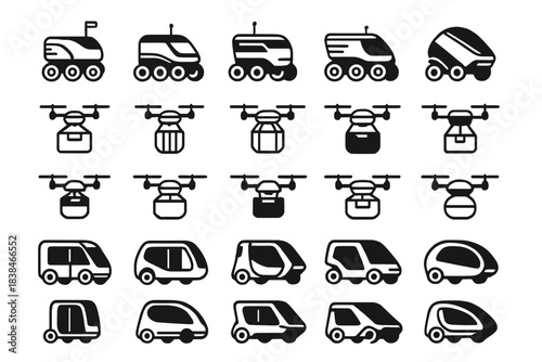 Various types of vehicles and drones arranged in a grid with their simple designs and functions displayed clearly for easy understanding