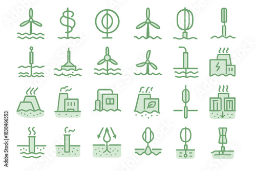 Different types of renewable energy symbols and icons arranged in a grid on a light background
