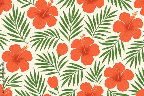 Hibiscus flowers and green leaves create a vibrant design for textiles or wallpaper in a tropical setting