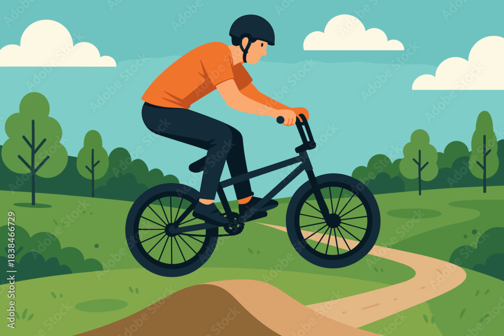 Fototapeta premium Biker rides over dirt ramp in green park under blue sky during sunny day with fluffy clouds