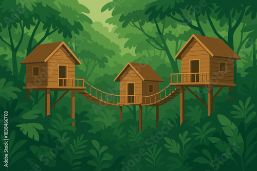 Tree houses connected by walkways situated in a dense forest environment during daylight hours
