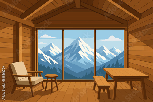 Cozy wooden cabin with a view of snow-capped mountains in daylight