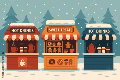 Winter market stands serve hot drinks and sweet treats in a snowy forest setting