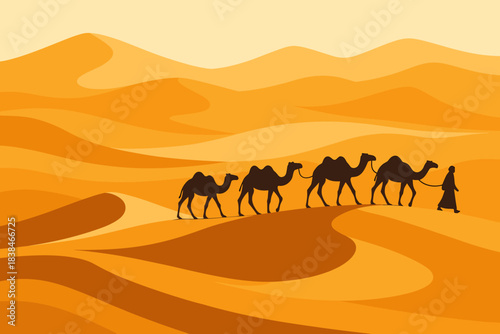 Camel caravan travels through desert during sunset with person guiding the animals in a warm desert landscape