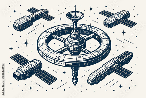 Space station with spacecraft in orbit around it in a detailed design with stars in the background