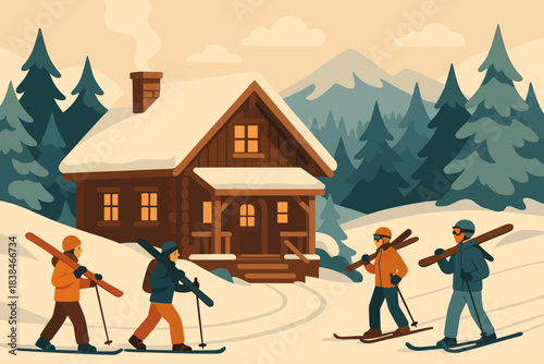 Group of people walking to a cabin after skiing in a snowy landscape with mountains and trees