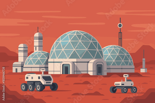 Exploring a futuristic colony on Mars with domes and rover vehicles in a red landscape under an orange sky