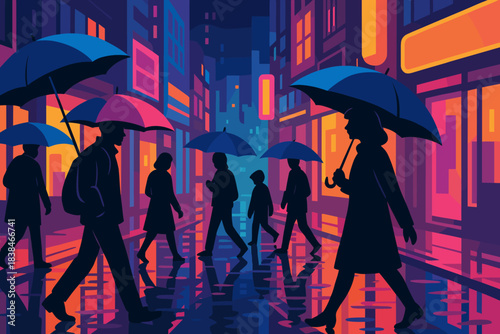 People walk with umbrellas through a busy city street at night with bright lights and reflections on wet pavement