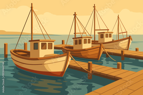 Fishing boats docked at a wooden pier during sunset with calm waters in the background