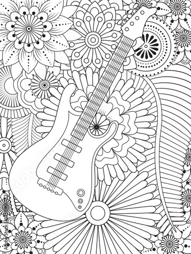Guitar with flower coloring pages for adult