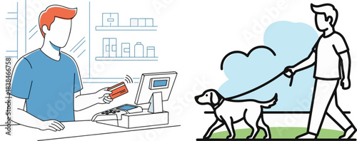 Flat Illustration of Person Paying with Card and Person Walking Dog