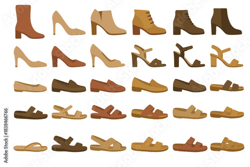 Different styles of shoes displayed in various colors and designs on a clean white background for fashion selection