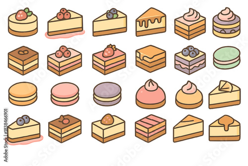Different types of desserts displayed on a white background during daytime