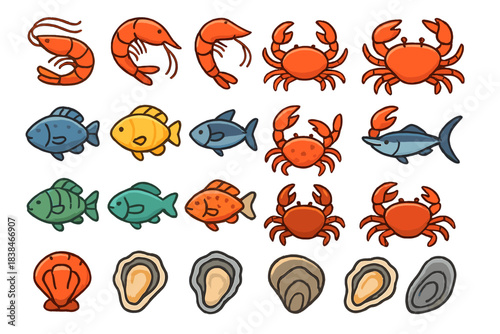 Various types of seafood drawn in a simple style with colorful shapes and different sea creatures shown