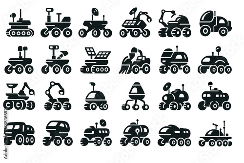 Various types of vehicles and robots with wheels for different purposes and tasks in a simple design style