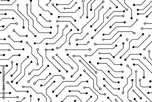 Circuit patterns create a complex design showing interconnected lines and dots in black and white on a plain background
