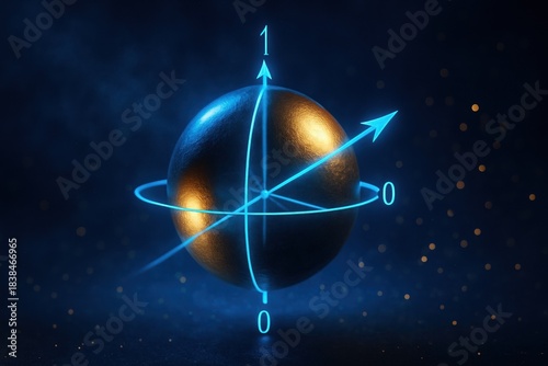 Quantum Bloch Sphere Visualization of a Qubit State. A glowing Bloch sphere with highlighted axes and state vector, symbolizing qubit orientation, quantum superposition, and fundamental concepts of q
