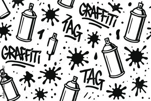 Graffiti art design featuring spray cans and ink splatters on a white background
