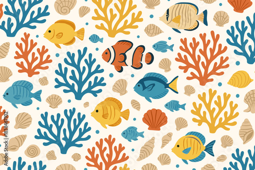 Colorful underwater scene with fish and corals in a bright ocean setting