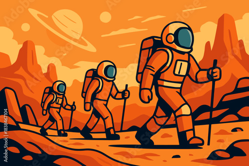 Group of astronauts walking on a distant planet during sunset with mountains and rings around a planet in the sky