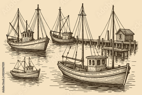 Boats docked near a waterfront in a harbor during a clear day showcasing various fishing vessels and structures