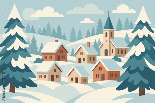 Snowy village with houses and church in winter landscape with trees in background during daytime