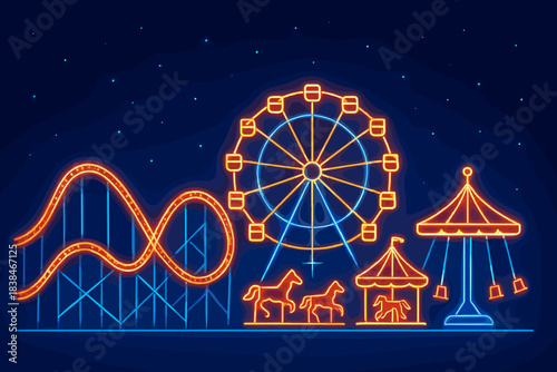 Bright neon carnival rides with a ferris wheel, roller coaster, and carousel at night