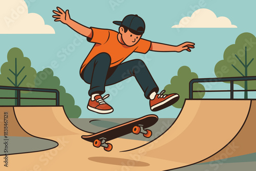 Skater performs a trick at a skate park during the day in a sunny setting with trees in the background