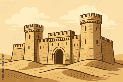 Castle structure stands in a sandy landscape under a clear sky with minimal clouds as the sun shines brightly