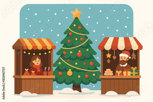 Winter market with two stalls and a Christmas tree in snowy weather