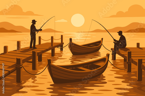 Two men fishing from a dock at sunset in a calm lake with boats around