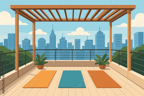 Outdoor space with three yoga mats and a city view in the background during daytime