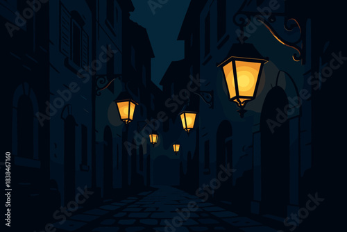 Historic street with lanterns glowing in the evening light in a small town in Europe