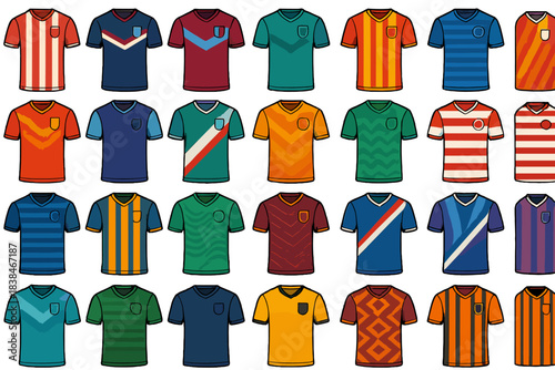 Different styles of soccer jerseys displayed in a grid pattern showing various colors and designs made for casual wear or sports events