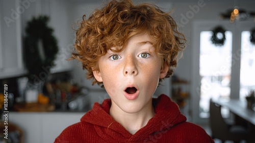 A young boy with red hair and freckles is standing in a kitchen with a surprised expression on his face
