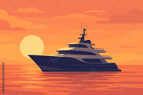 Luxury yacht sailing at sunset on calm waters in a colorful sky with sun setting in the background